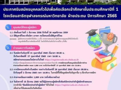 สาธิตจุฬาประกาศรับสมัครสอบเข้าป.1 ปีการศึกษา 2565